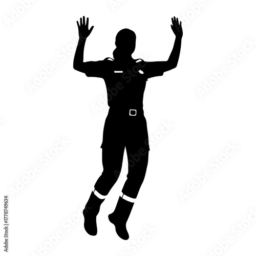 Silhouette person with raised arms uniform belt