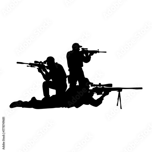 Silhouette soldiers aiming rifles military army