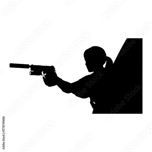 Silhouette woman aiming firearm pistol