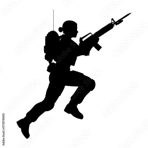 Silhouette soldier running with rifle weapon