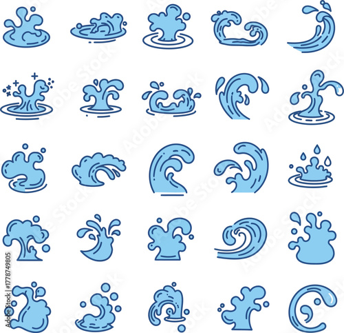 Water splashes logo, flowing liquid motion curves stripes swirls silhouettes set vector illustration, Wave logotypes