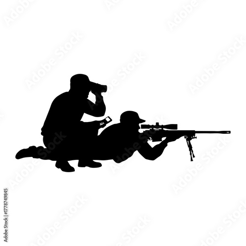 Sniper team aiming and observing silhouette rifle