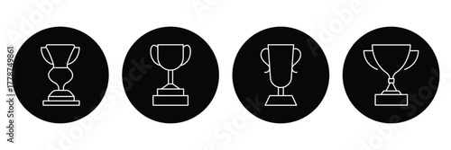 Set of black trophy silhouettes in various designs. Award cups vector set, trophy black icons, sport champion prize isolated on white background . Hand drawn winner cups isolated . eps 10 
