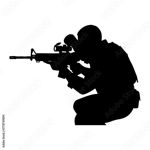Soldier aiming assault rifle tactical gear military