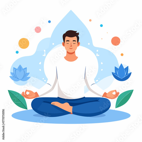 Calm illustrated man with closed eyes meditating in a peaceful cross-legged yoga pose.