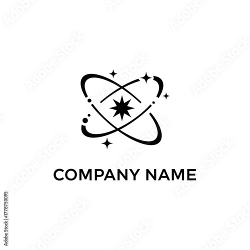 Elegant cosmic logo design featuring a central star and orbital elements.