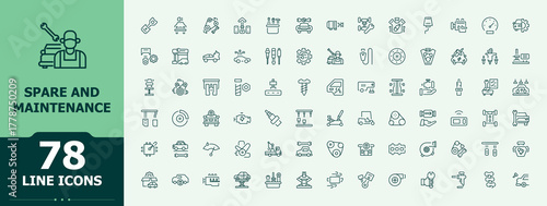 Spare And Maintenance icon collection. Spare icon set. Contains such symbols as parts, vehicle, service, repair, element, part, automobile and more. Vector collections.
