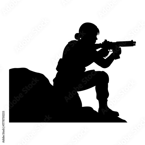 Soldier aiming rifle behind rock female silhouette