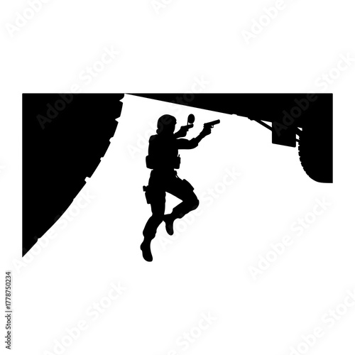 Soldier aiming pistol near vehicle silhouette tactical gear