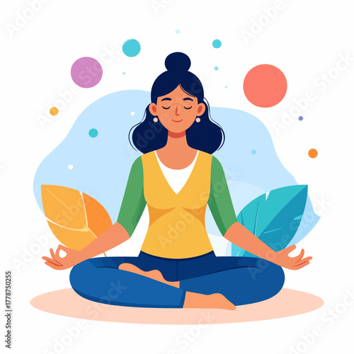 Woman Meditating in Lotus Pose with Eyes Closed and Peaceful Expression.