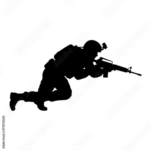 Soldier aiming rifle crouched low military weapon