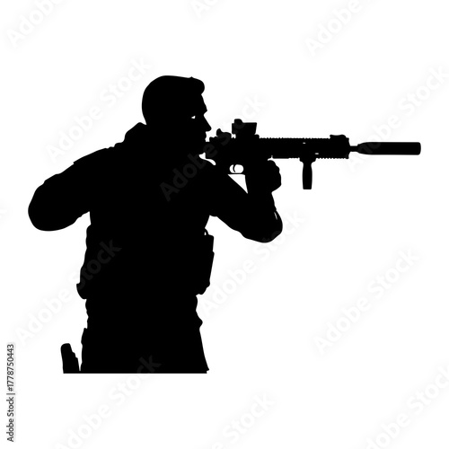 Soldier aiming rifle silhouette tactical gear