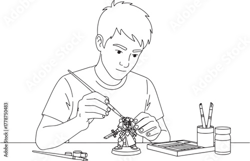 Line Art Illustration of Young Person Painting Miniature Figure Hobby