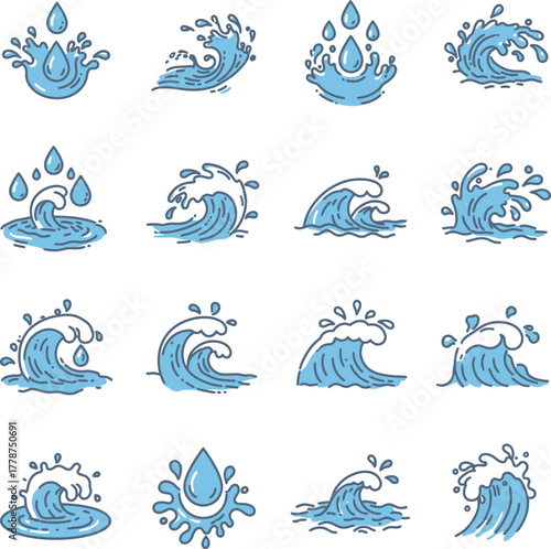 Water splashes logo, flowing liquid motion curves stripes swirls silhouettes set vector illustration, Wave logotypes