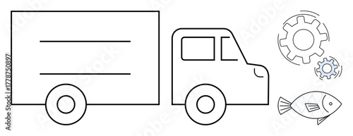 Delivery truck outline with gears and fish, symbolizing industrial transport, seafood logistics, automation, eco-friendly processes, supply chain, innovation, and technical efficiency in a simple
