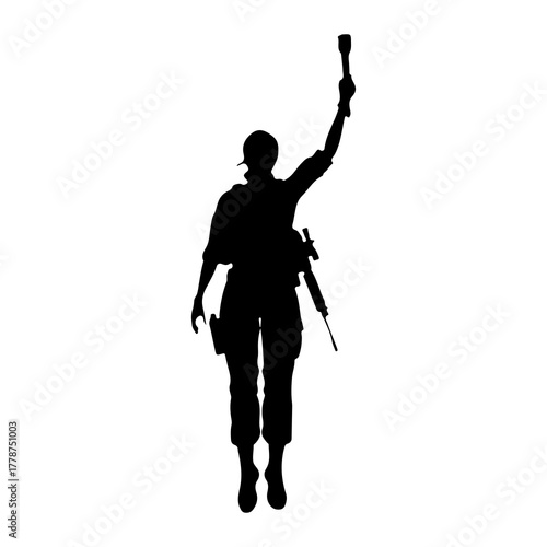 Soldier holding torch aloft silhouette military