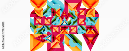 Abstract geometric composition. Colorful triangles, squares interlock creating complex pattern. Vivid hues dominate white background.