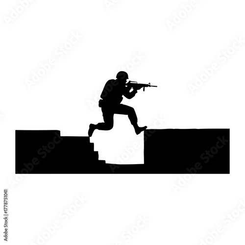 Soldier jumping over obstacle silhouette military