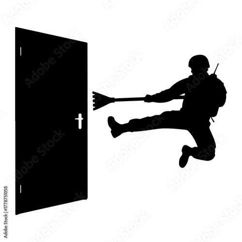 Soldier kicking open door with rake silhouette military