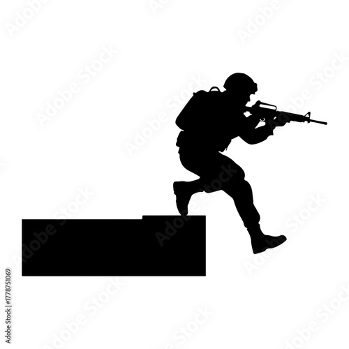 Soldier jumping over obstacle with rifle military action