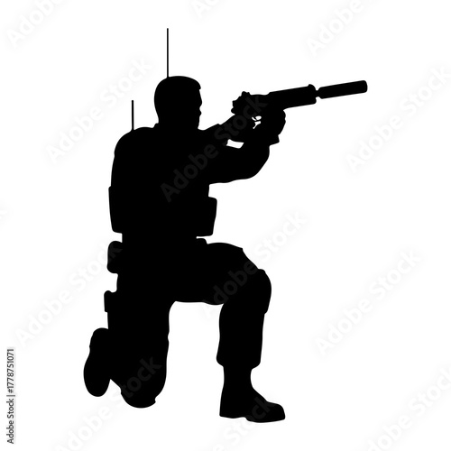 Soldier kneeling aiming firearm silhouette military