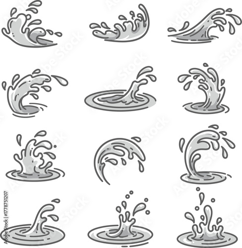 Water splashes logo, flowing liquid motion curves stripes swirls silhouettes set vector illustration, Wave logotypes