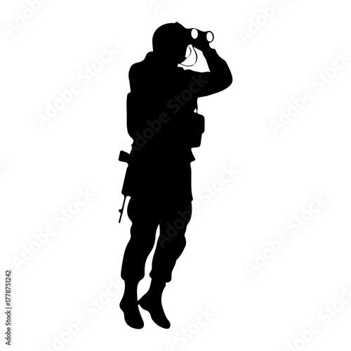 Soldier looking through binoculars silhouette observing