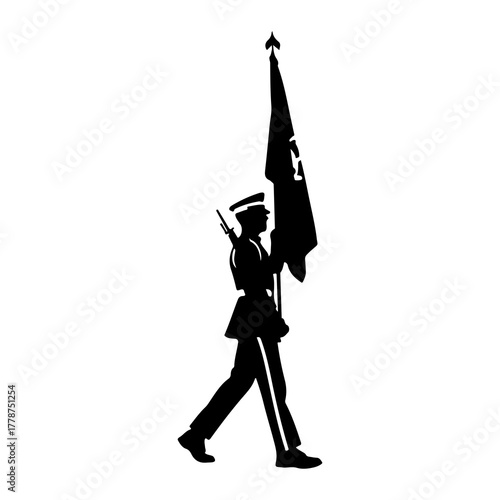 Soldier marching with flag uniform military