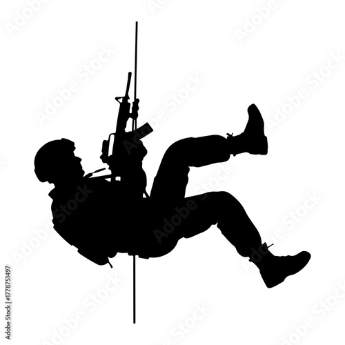 Soldier rappelling with rifle military action