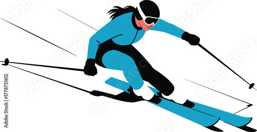 Female skier in blue outfit skiing fast down a mountain slope with poles