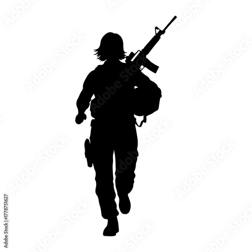 Soldier running with rifle and helmet military