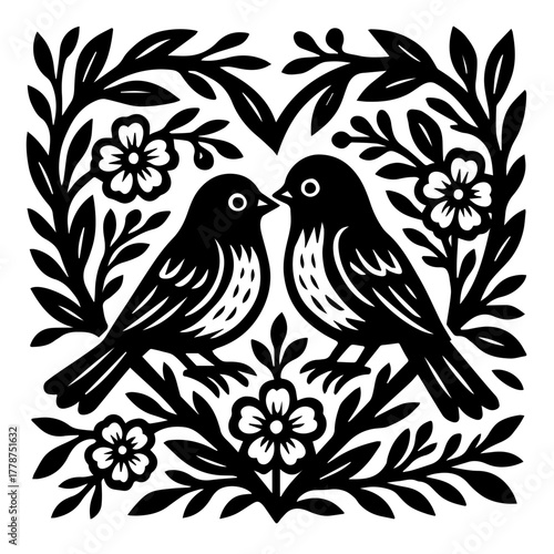 Folk Art Lovebirds With Floral Heart Frame Black And White Vector