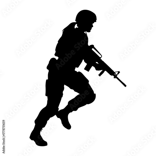 Soldier running with rifle military action
