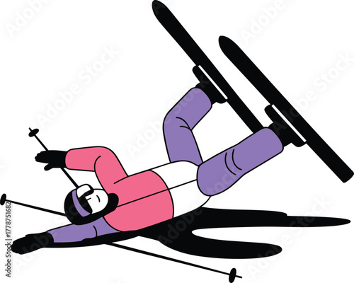 Skier falling down on the snow with skis and poles