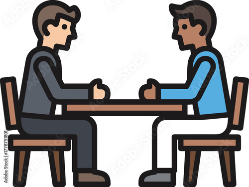 Two men of different ethnicity sitting at a table facing each other, engaged in conversation or a meeting, flat illustration
