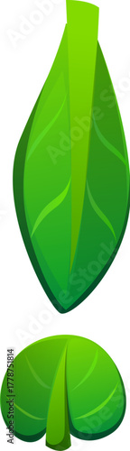 Nature green leaf font punctuation exclamation mark. Nature green leaf English alphabet font element, tree foliage cartoon isolated vector typeset sign. Clean ecology kids type mark or typeface symbol