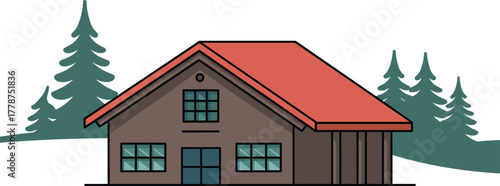 A cozy cabin nestled among pine trees in a snowy landscape, perfect for a winter retreat