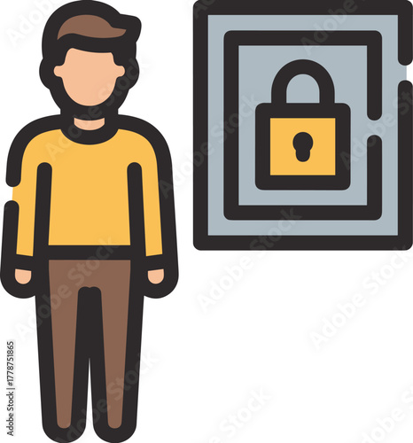 A person standing next to a framed picture of a locked padlock, symbolizing security or privacy