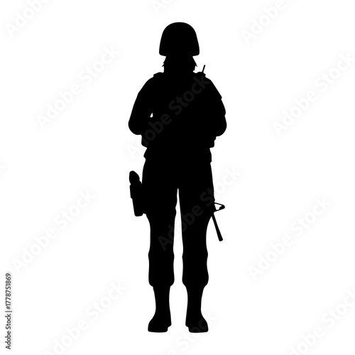 Soldier standing with rifle and sidearm military uniform