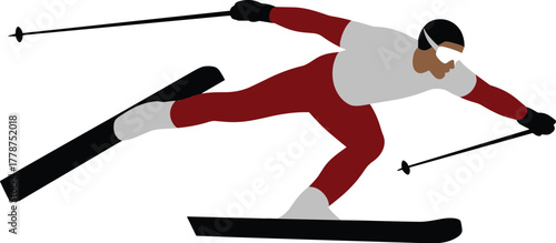 A skier in red pants and white top, leaning forward with ski poles, midaction on skis, depicting speed and athleticism in winter sport
