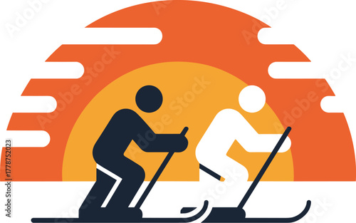 Two skiers skiing down a slope at sunset, silhouetted against a vibrant orange sky