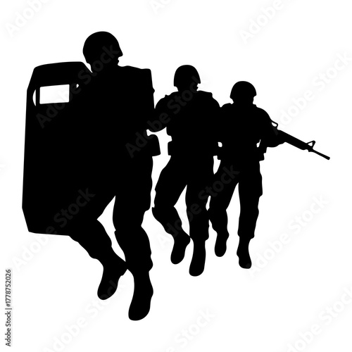 Soldiers advancing with shield and rifle tactical advance