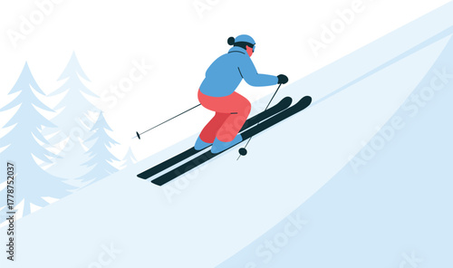 A person skiing down a snowy slope with pine trees in the background