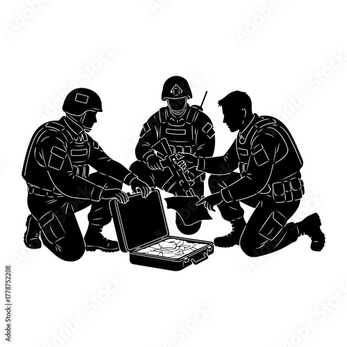 Soldiers examining briefcase contents military tactical gear