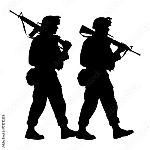 Soldiers marching with rifles military weapons