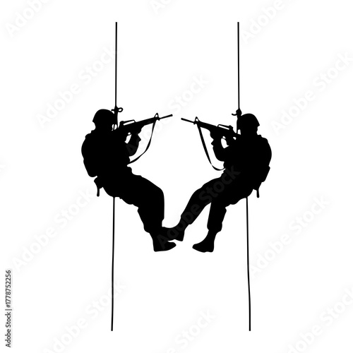Soldiers rappelling with rifles military ropes
