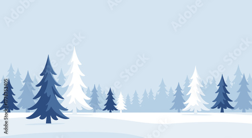 Vector winter landscape with snowy trees in blue and white colors for Christmas, copy space