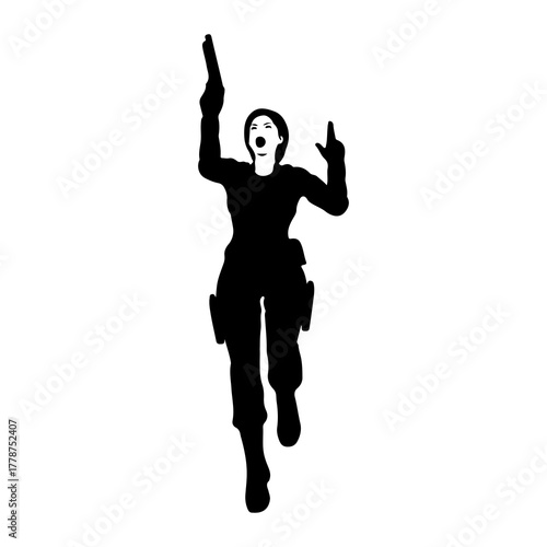 Woman aiming gun running silhouette pistol