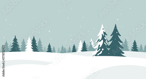 Vector winter landscape with snowy trees in blue and white colors for Christmas, copy space