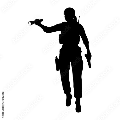 Woman holding flashlight and pistol silhouette